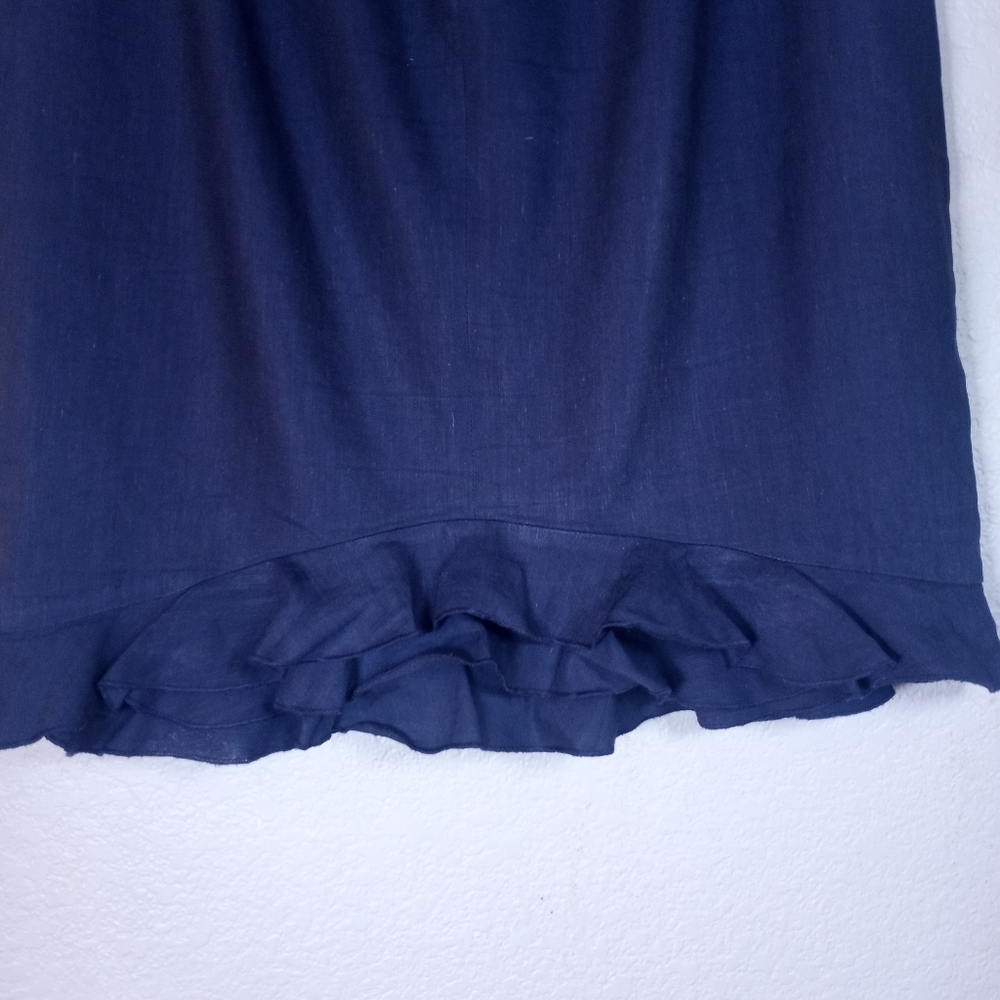 Rebecca Taylor Linen Navy Blue Ruffled Hem Academia  Office Siren Pencil Skirt 8 - Picture 6 of 9